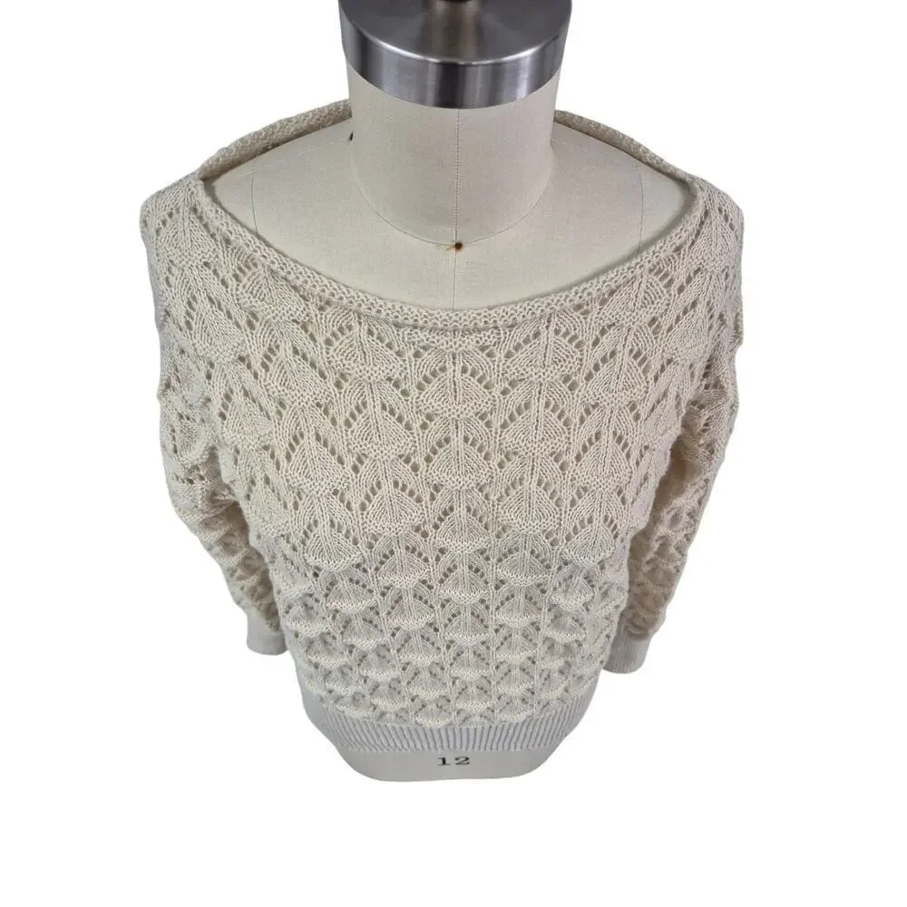 Beige Crochet Knit Boat Neck Sweater Ribbed Trim L